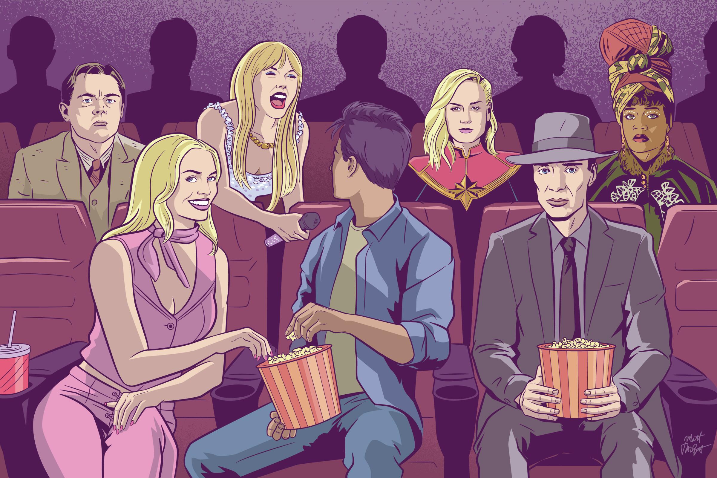 An illustration of a moviegoer who sits in a theater surrounded by characters from 2023 movies.