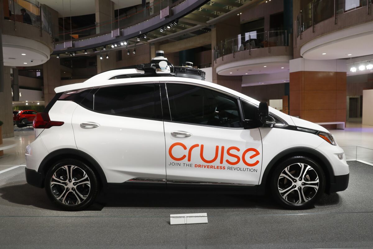 A Cruise AV, General Motor's autonomous electric Bolt EV, is displayed in Detroit in 2019.
