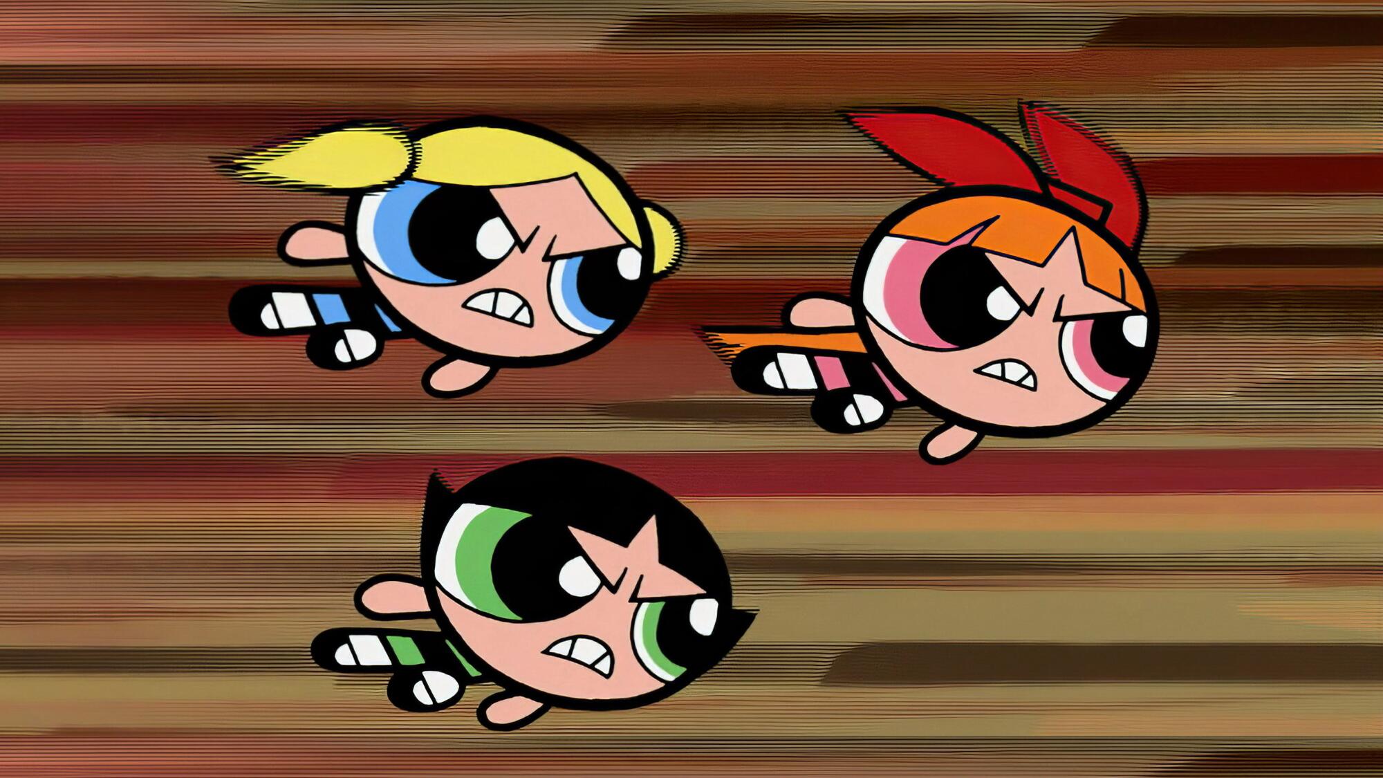Powerpuff Girls Bubbles, Buttercup and Blossom in flight.