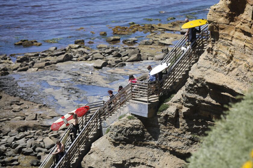 A steady stream of people visited Sunset Cliffs on May 3, 2020 Parking areas along the beach side of Sunset Cliffs Blvd. have been closed to deter people from visiting the area after large crowds have been reported day and night. San Diego Police have ramped up patrols in the area to enforce social distancing rules due to the coronavirus pandemic. Police said their haven't been any major problems.