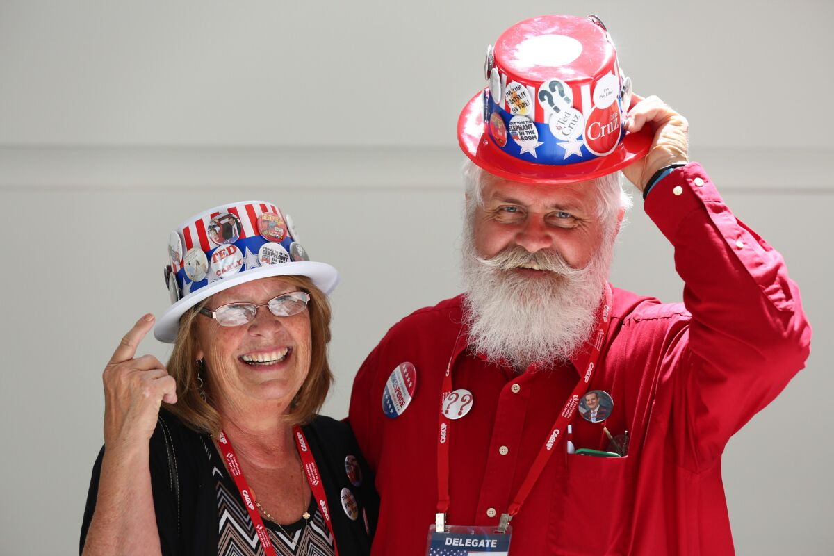 Ted Cruz supporters Earl and Judy DeVries of Ontario attend the California Republican Party convention in Burlingame, Calif.