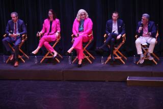 Los Angeles, CA - February 8: (From left) Mike Feuer, Assemblymember Laura Friedman, Maebe A. Girl, Nick Melvoin, and District 25 California State Senator Anthony Portantino debate during the CA-30 Congressional Debate at Wilshire Ebell Theater on Saturday, Feb. 10, 2024 in Los Angeles, CA. (Michael Blackshire / Los Angeles Times)