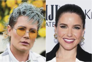A collage showing soccer player Ashlyn Harris in yellow sunglasses on the left, and actor Sophia Bush on the right