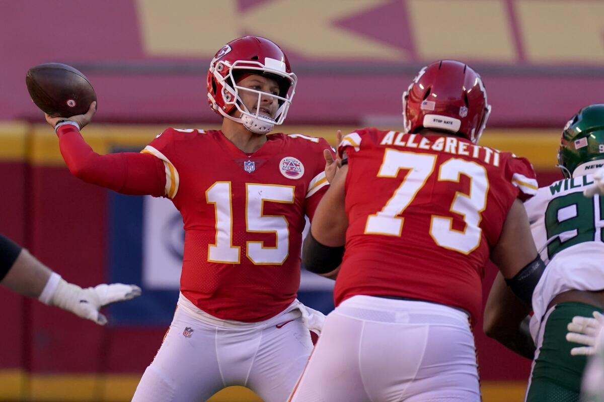 Kansas City Chiefs quarterback Patrick Mahomes throws a pass against the New York Jets on Sunday.