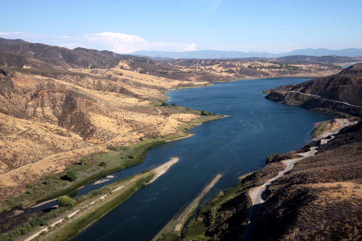 The Castaic Reservoir as seen from a helicopter on Sept. 28. The reservoir's total capacity is 104.3 billion gallons.