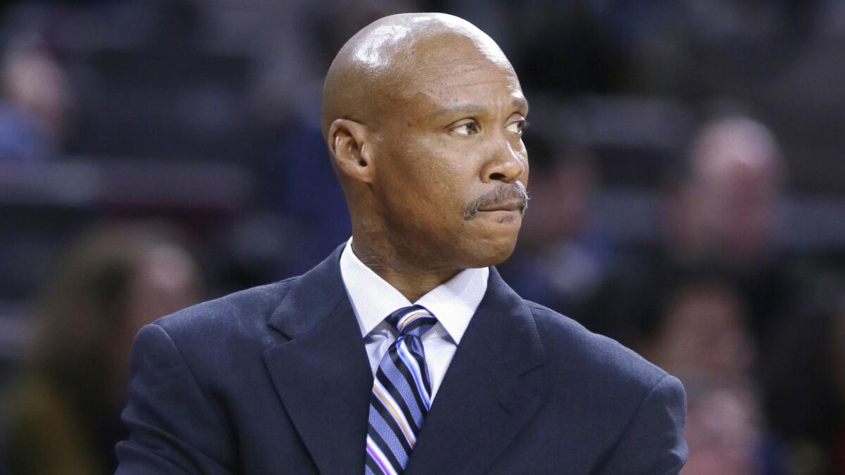 Lakers Coach Byron Scott looks on from the sideline during a 106-96 win over the Detroit Pistons on Tuesday.