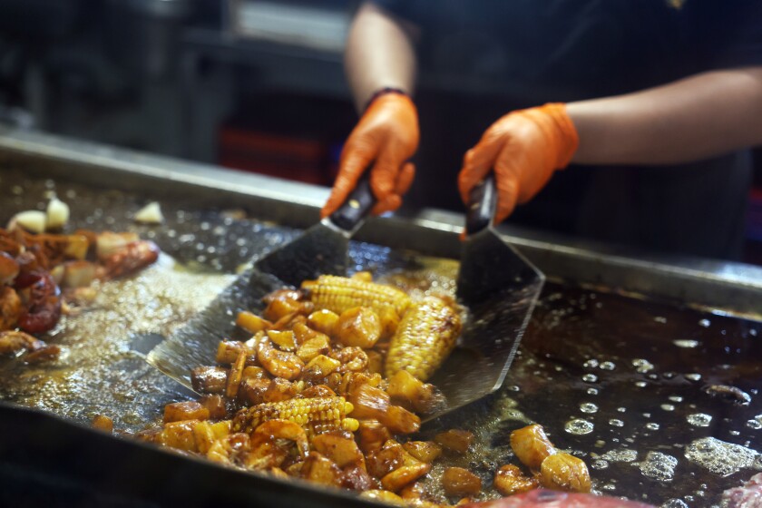 Food is prepared at the San Pedro Fish Market