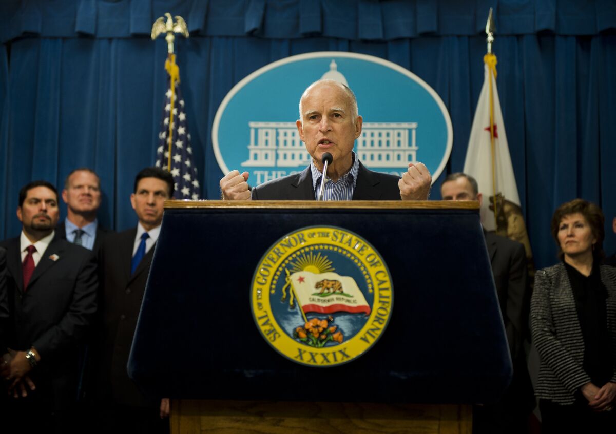 California Gov. Jerry Brown speaks at a news conference in Sacramento last month.