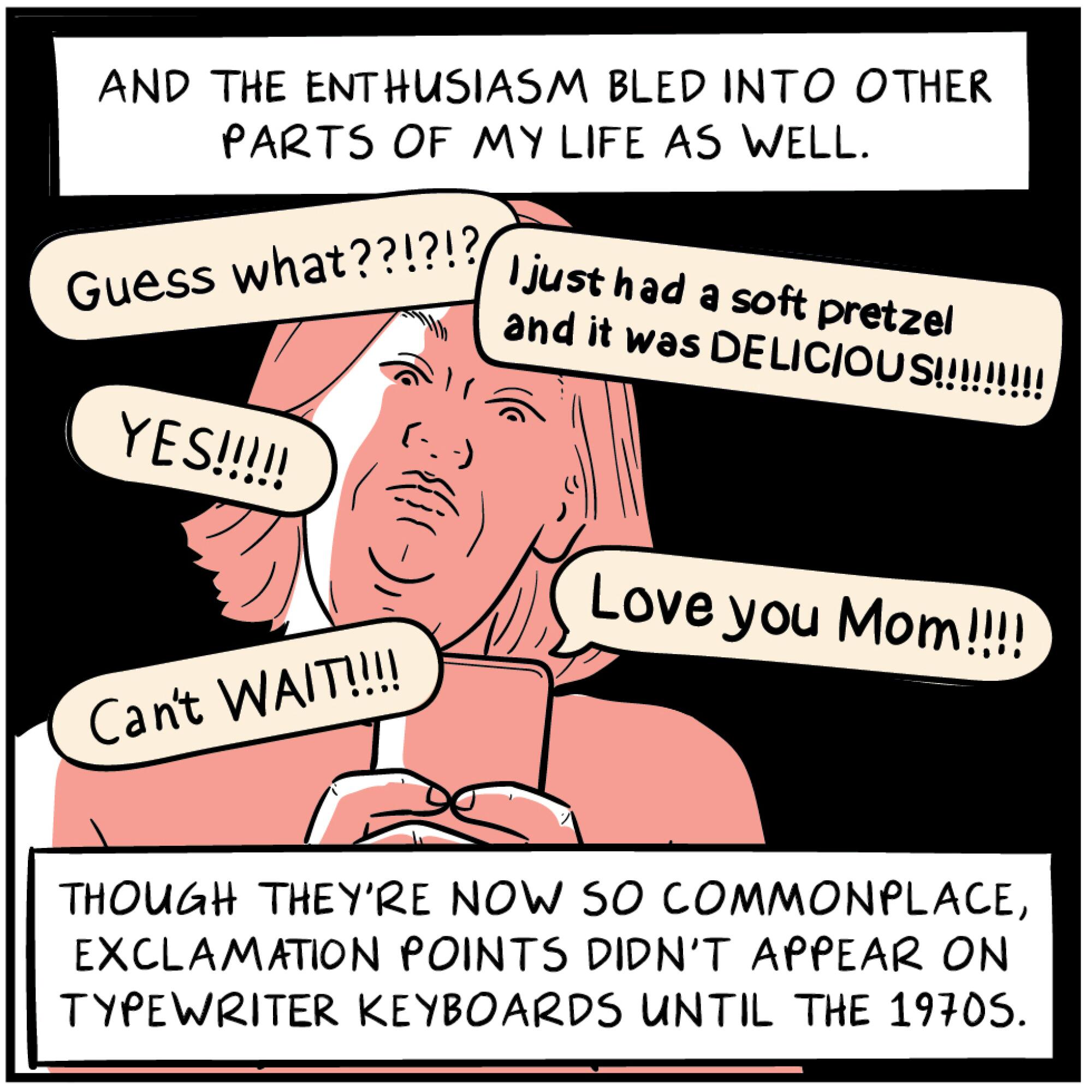 Comic panel of a woman responding to all kinds of text messages with emphatic punctuation and all caps