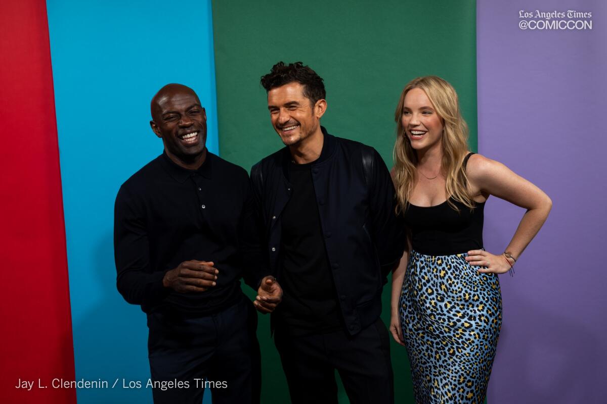 Actors David Gyasi, Orlando Bloom and Tamzin Merchant from the television series, "Carnival Row," photographed at the L.A. Times Photo and Video Studio at Comic-Con International on Friday, July 19.