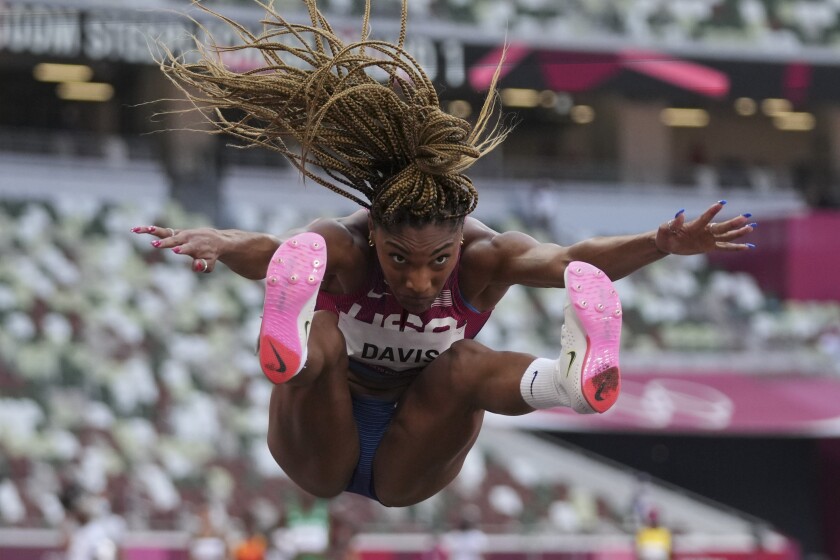 Tara Davis, of the United States, competes in the qualification rounds.