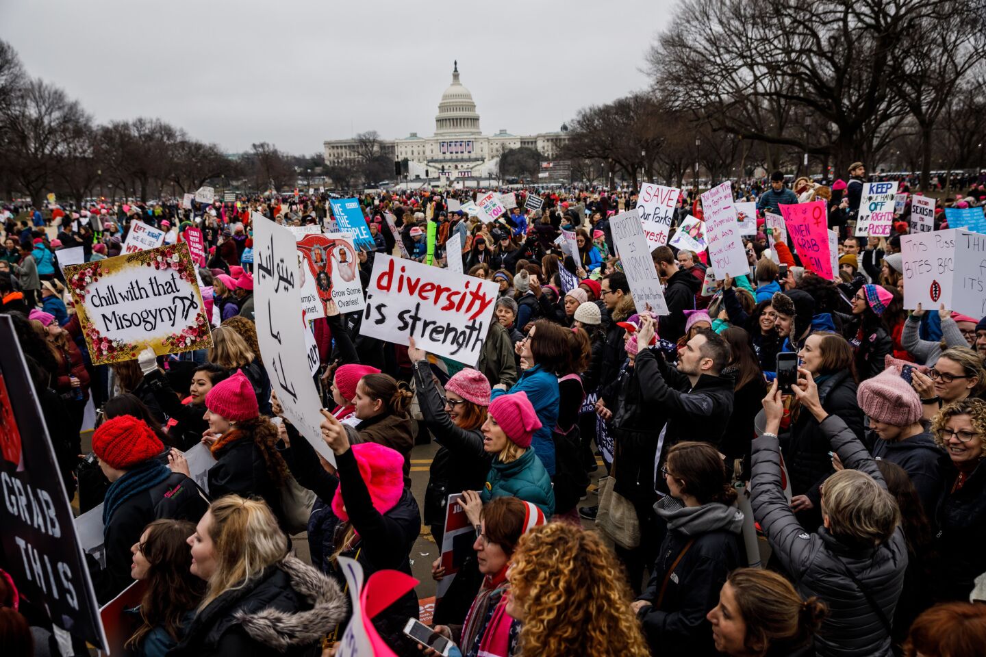 WASHINGTON, D.C. -- SATURDAY, JANUARY 21, 2017: Thousands of people march for women's rights on 7th Street SW past the U.S. Capitol at the Women's March on Washington event in Washington, D.C., on Jan. 21, 2017. (Marcus Yam / Los Angeles Times)