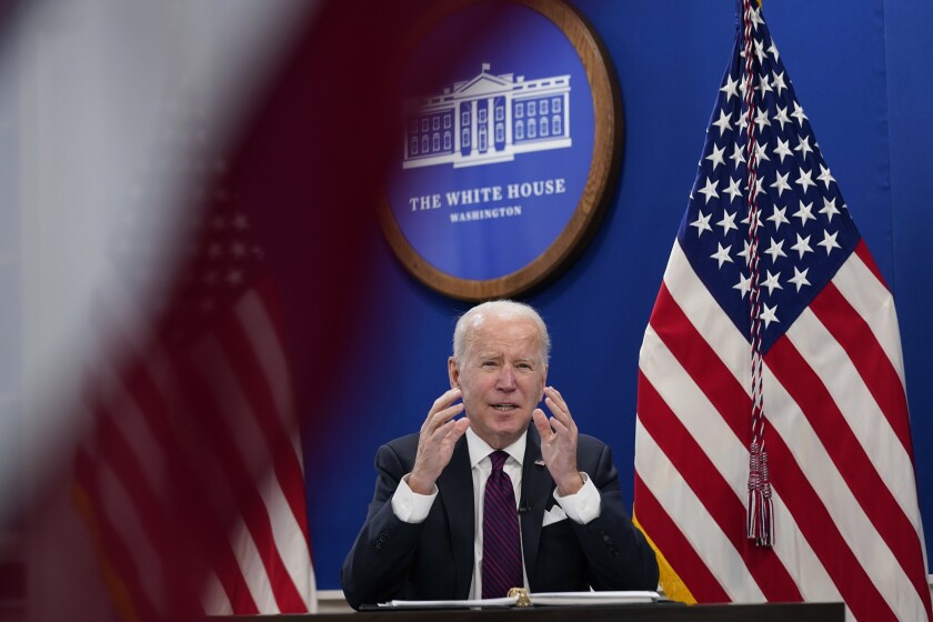 President Joe Biden speaks during a meeting with the President's Council of Advisors on Science and Technology at the Eisenhower Executive Office Building on the White House Campus, Thursday, Jan. 20, 2022. (AP Photo/Andrew Harnik)