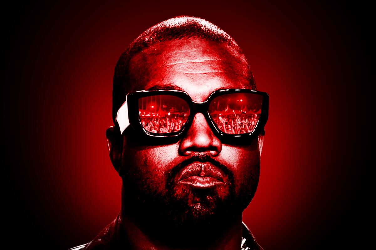 A photo illustration of Kanye West with a festival crowd reflecting in his glasses.