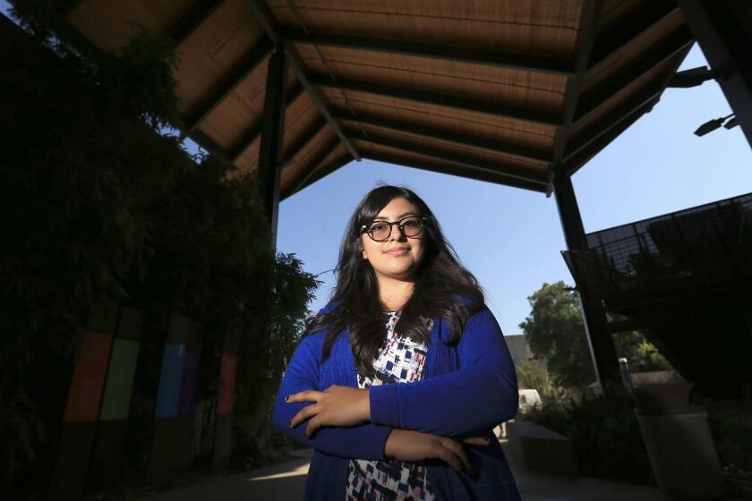 POMONA CALIF. -- WEDNESDAY, SEPT. 6, 2017: Mirian Juan, 21, shown at Cal Poly Pomona, College of Business Administration, is a DACA recipient who visited her hometown in La Cantera, Mexico last month. She had not seen it since she left at age 4. Juan is a 5th-year applied math student at the college. (Allen J. Schaben / Los Angeles Times)