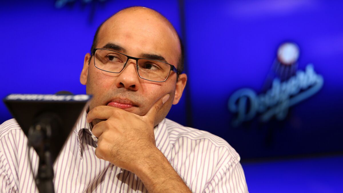 Dodger's General Manager Farhan Zaidi listens to a question during a news conference on Oct. 22.