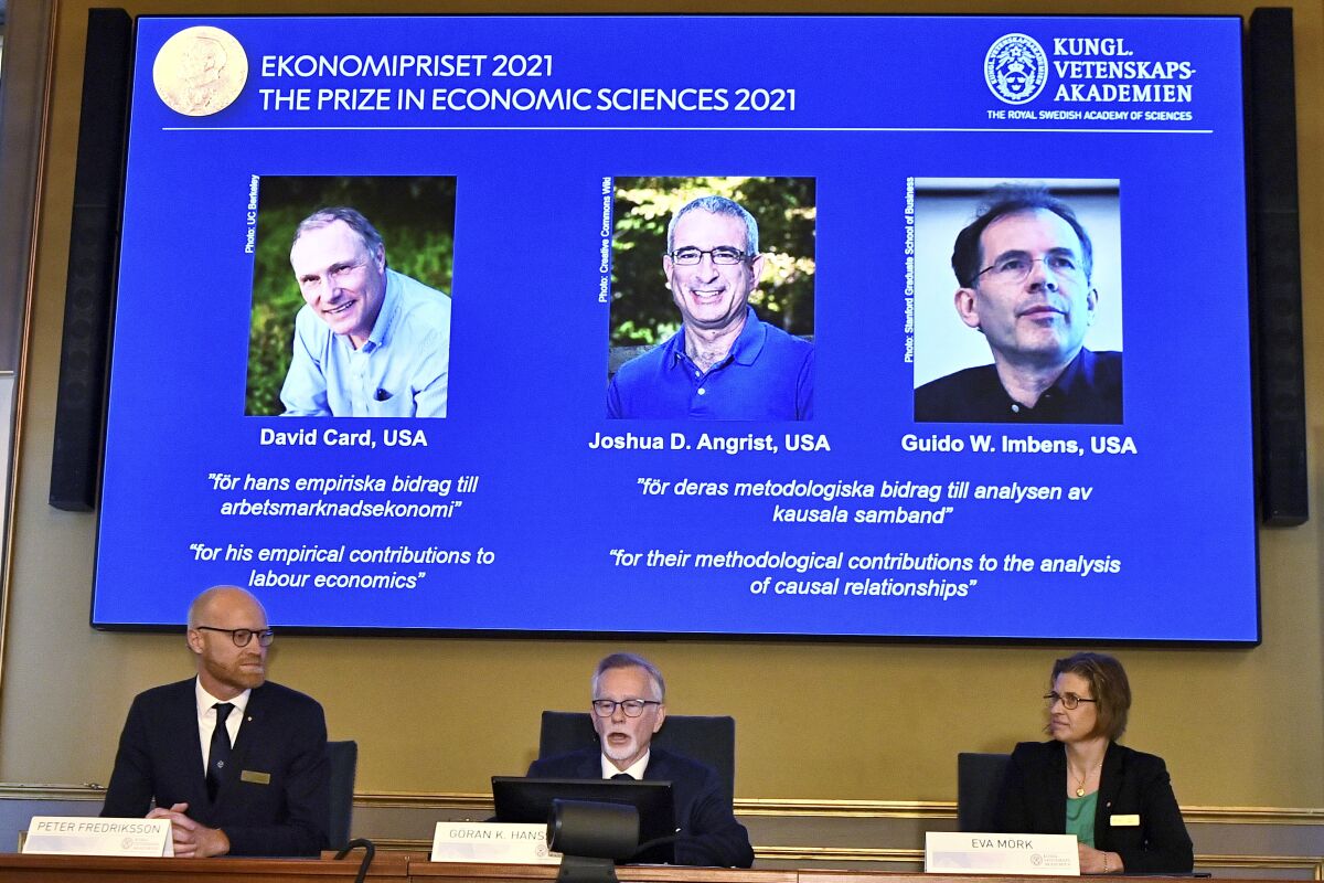 Permanent Secretary of the Royal Swedish Academy of Sciences Goran K Hansson announces the 2021 Nobel prize for economics