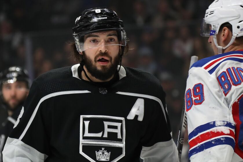 LOS ANGELES, CALIFORNIA - DECEMBER 10: Drew Doughty #8 of the Los Angeles Kings looks to the referee after a first period call during the game against the New York Rangers at the Staples Center on December 10, 2019 in Los Angeles, California. (Photo by Bruce Bennett/Getty Images)