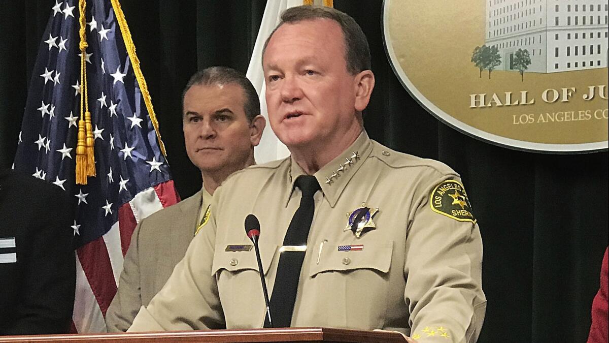 Los Angeles County Sheriff Jim McDonnell talks to reporters at the Hall of Justice in Los Angeles on June 27.