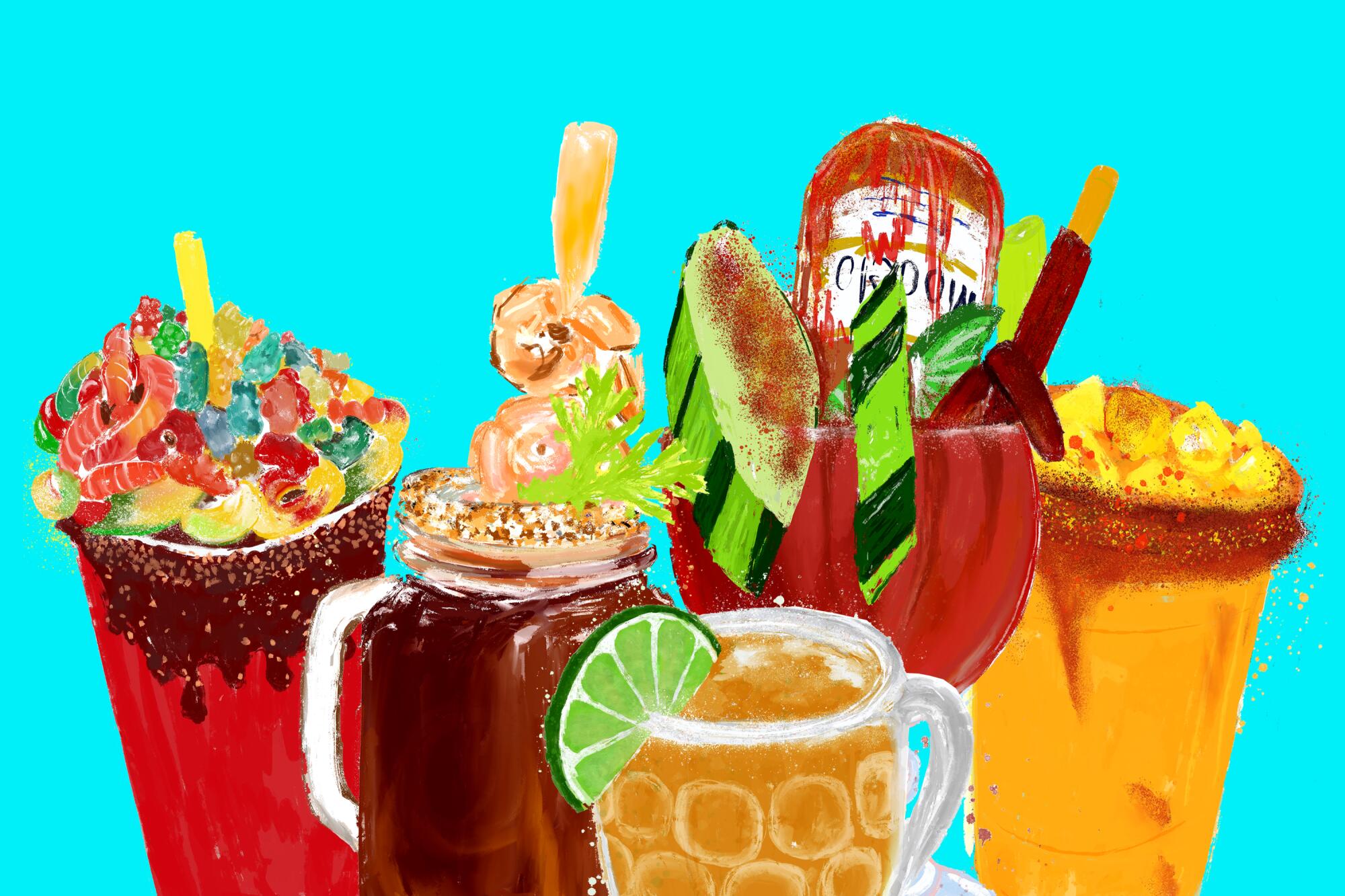The five basic types of micheladas, from left: gomichela, botana, chelada, michelada and michelagua