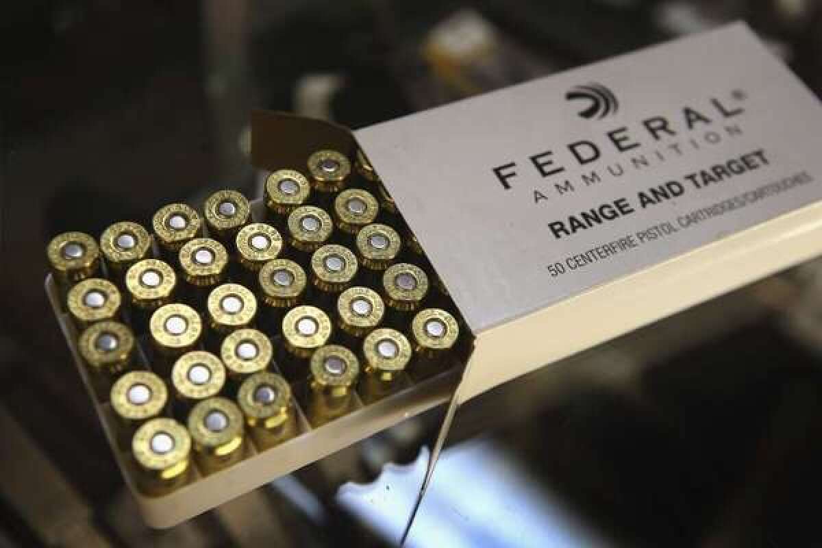 A bill in California would require buyers of bullets to get a license and undergo a background check. Above: a box of .45 caliber ammunition.