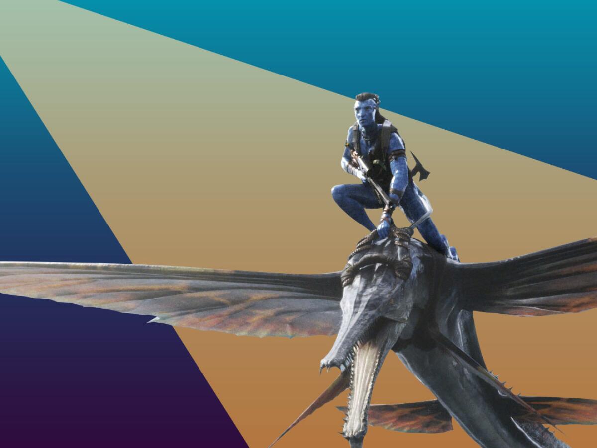 A blue CGI man rides on the back of a winged creature