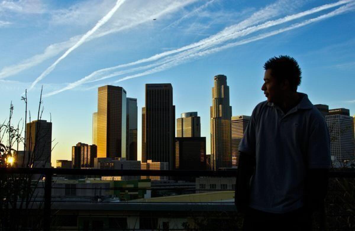 The L.A. skyline appears in the background of this file photo shot from Vista Hermosa Park in Echo Park.