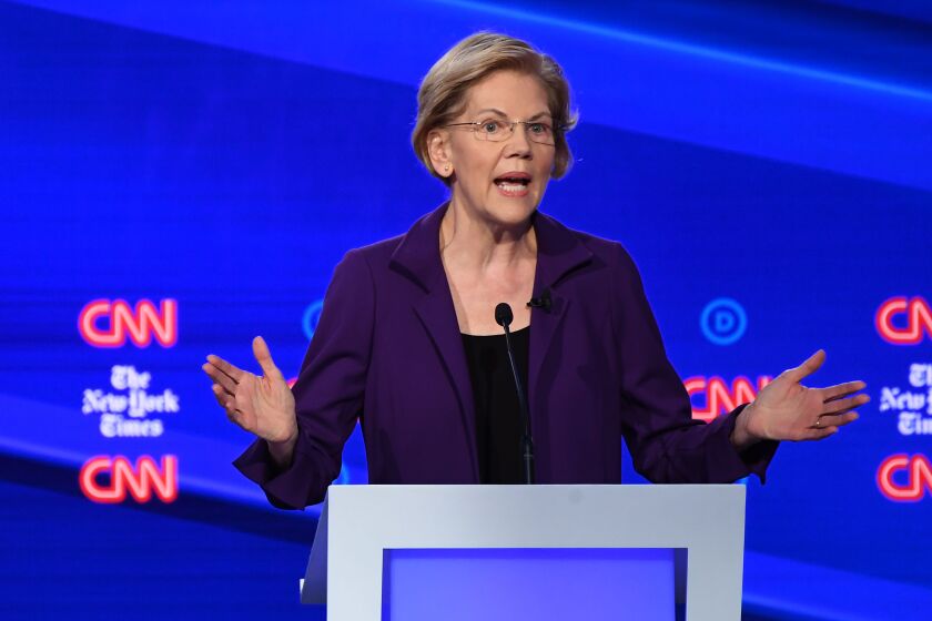 Democratic presidential hopeful Massachusetts Senator Elizabeth Warren speaks during the fourth Democratic primary debate of the 2020 presidential campaign season co-hosted by The New York Times and CNN at Otterbein University in Westerville, Ohio on October 15, 2019. (Photo by SAUL LOEB / AFP) (Photo by SAUL LOEB/AFP via Getty Images)