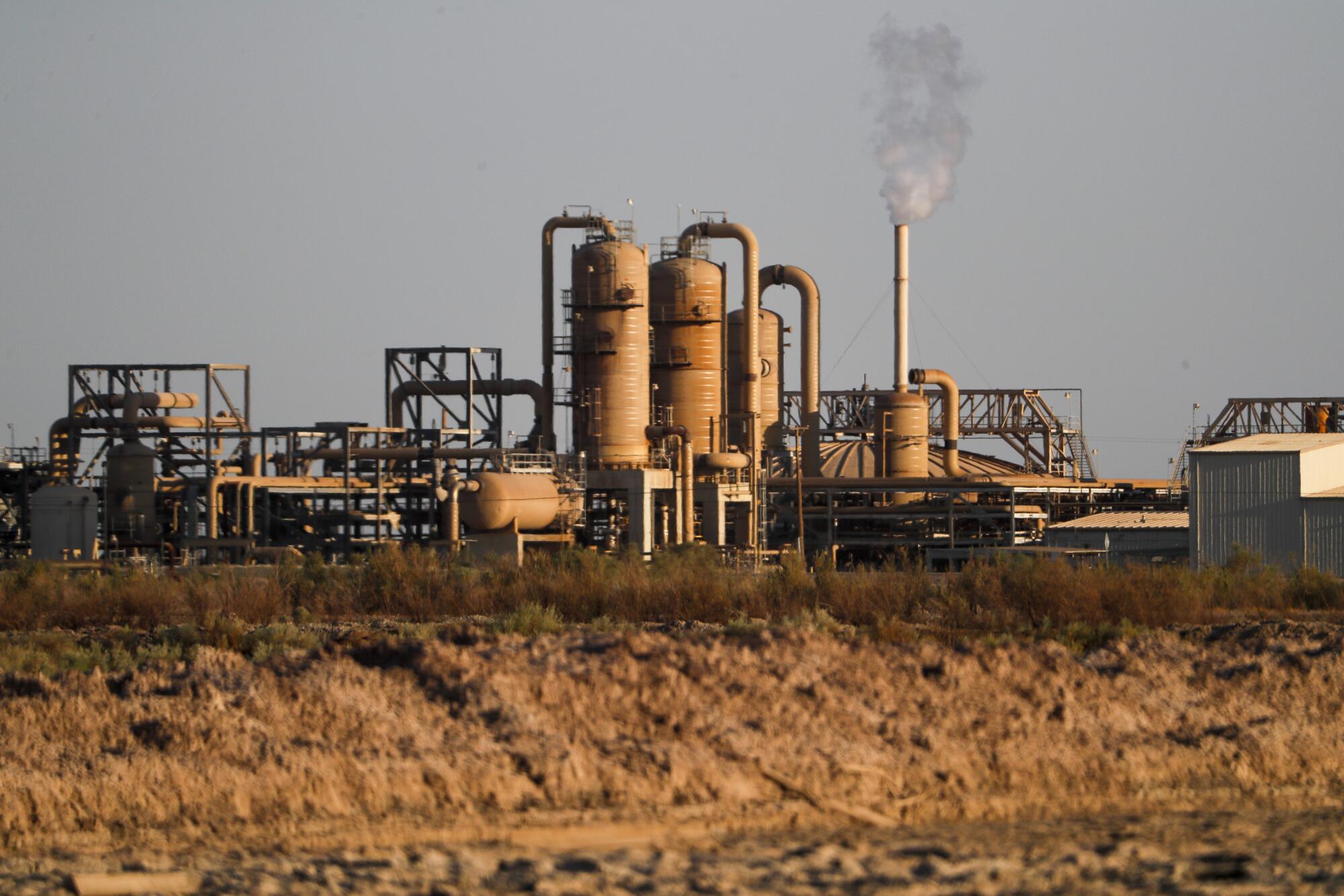 Steam is emitted by an operating geothermal power plant near the Salton Sea.