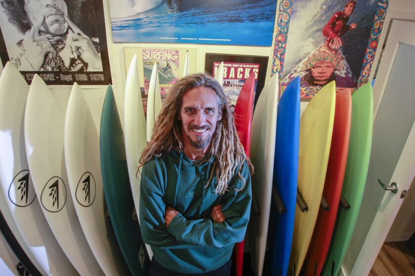 Surfing legend Rob Machado poses for photos at The Salty Garage on November 8, 2019 in Encinitas, California. Machado now shapes custom surfboards.