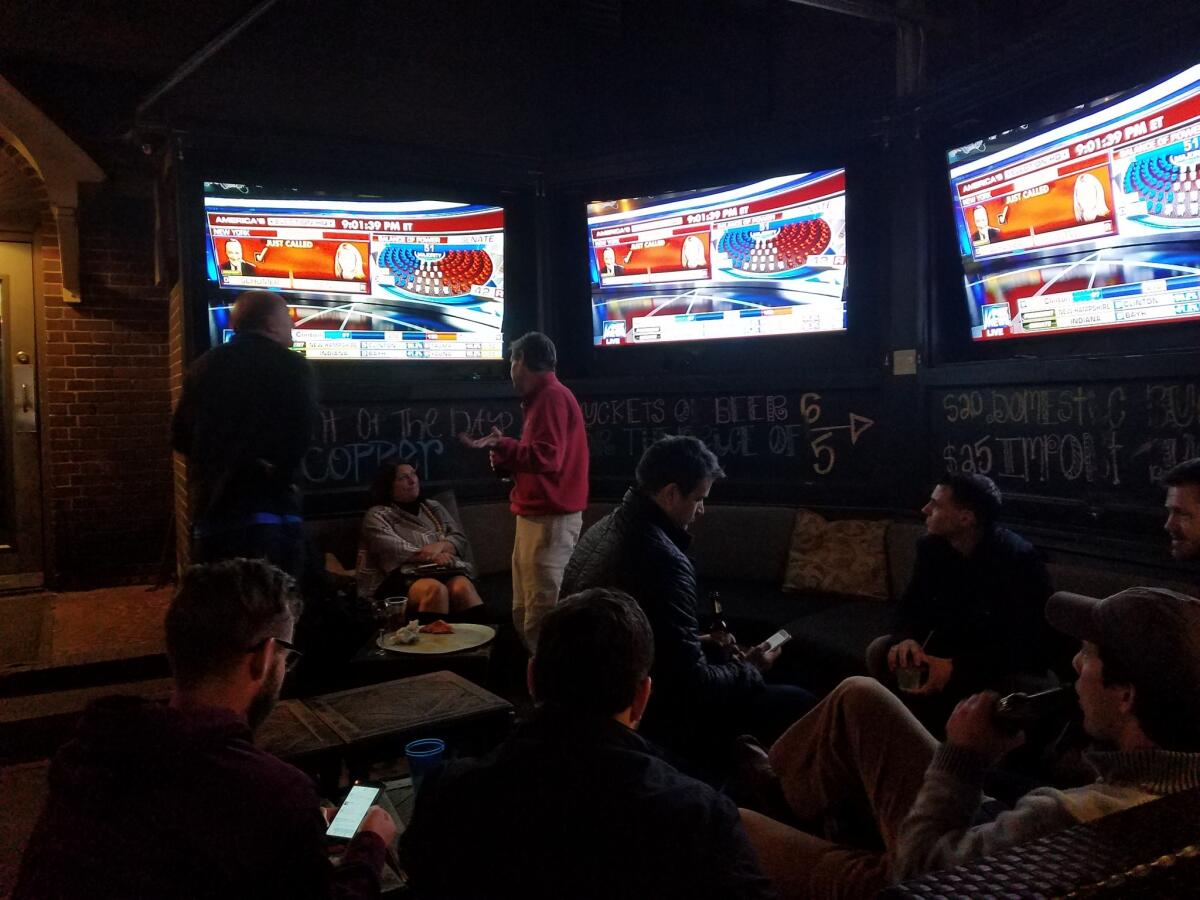 Voters watch election returns at the Selwyn Avenue Pub in Charlotte, N.C.