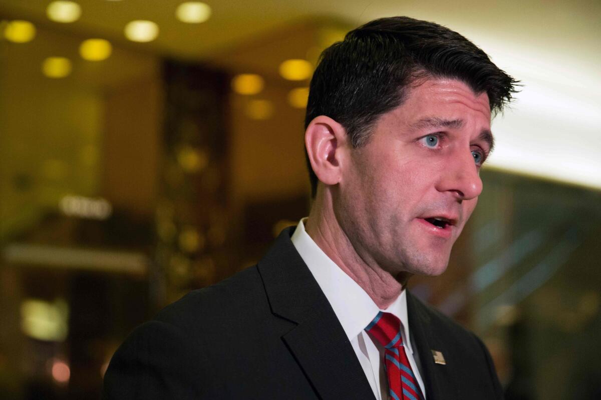 House Speaker Paul Ryan talks to reporters after meeting with the president-elect at Trump Tower in New York on Friday.