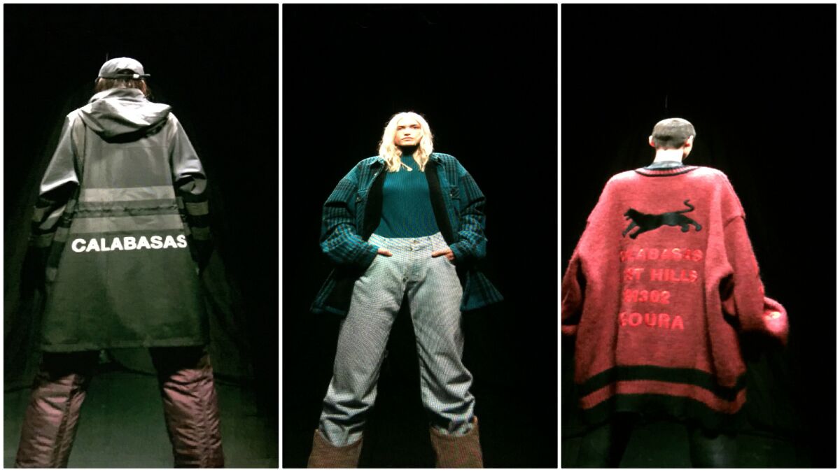 Three looks from the Yeezy collection, a collaboration between Kanye West and Adidas.