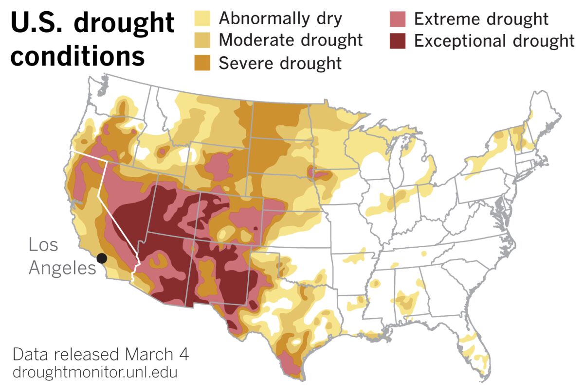 A map of U.S. shows most of the West in moderate to exceptional drought conditions