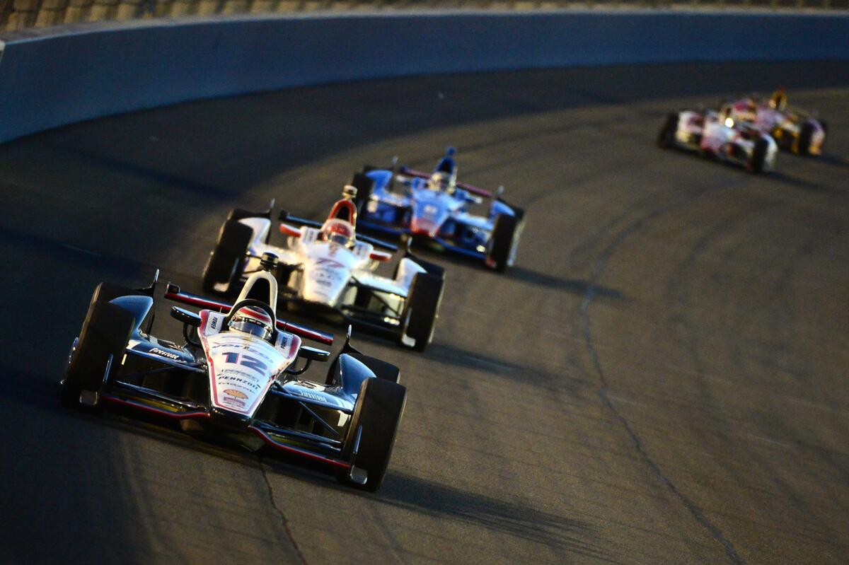 Will Power leads a pack of cars during the Verizon IndyCar Series MAVTV 500 IndyCar World Championship Race at the Auto Club Speedway on Aug. 30.