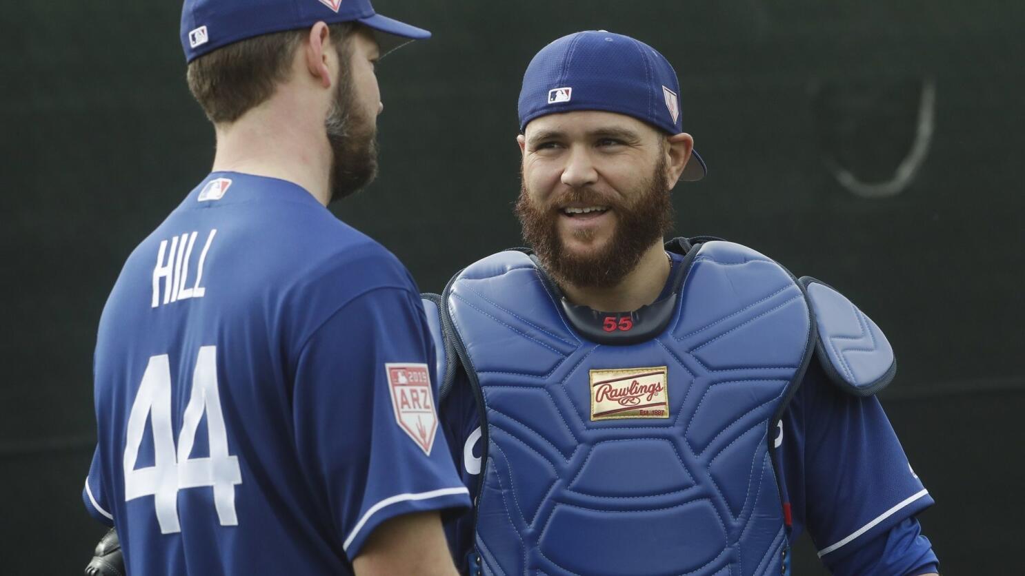 Toronto Blues Jays newly-signed catcher Russell Martin, left, and