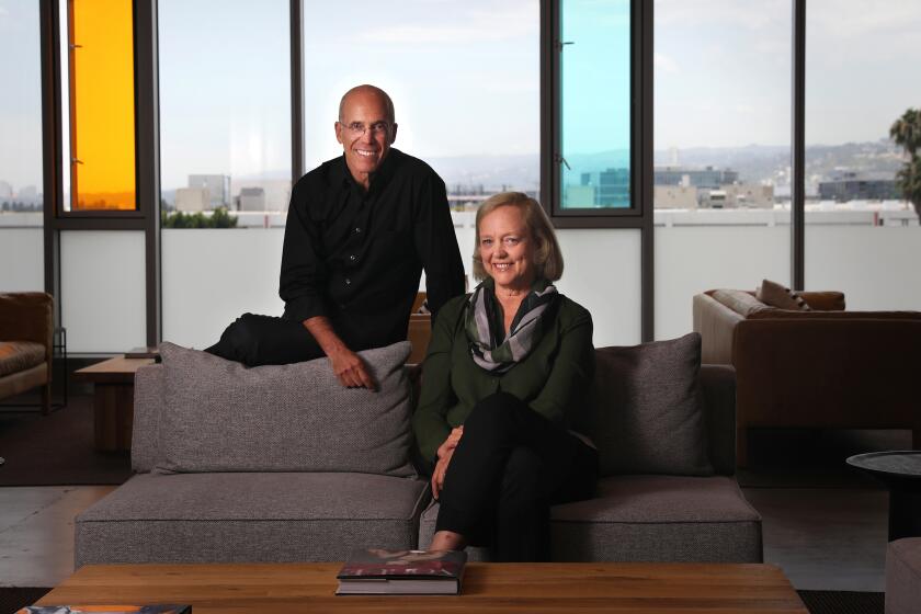 LOS ANGELES-CA-JULY 23, 2019: Jeffrey Katzenberg, left, and Meg Whitman are photographed at their startup Quibi, a digital studio that is creating bite-sized shows for millennials, in Los Angeles on Tuesday, July 23, 2019. (Christina House / Los Angeles Times)
