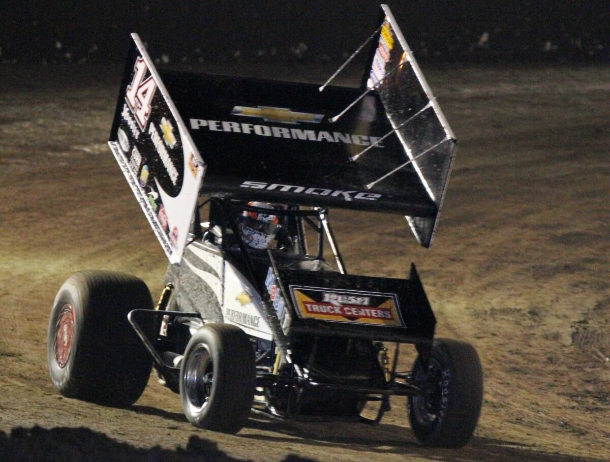 Tony Stewart leads in the third heat at the World of Outlaws race at the Silver Dollar Fairgrounds in Chico on March 23.