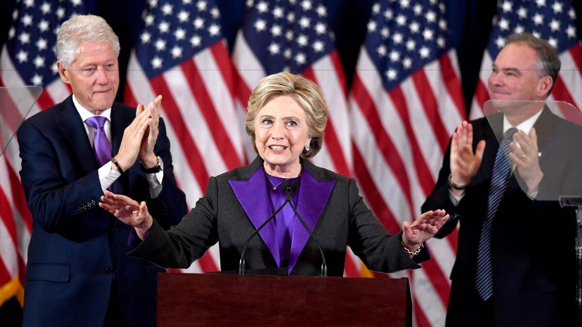 U.S. Democratic presidential candidate Hillary Clinton makes a concession speech after being defeated by Republican presidential-elect Donald Trump.