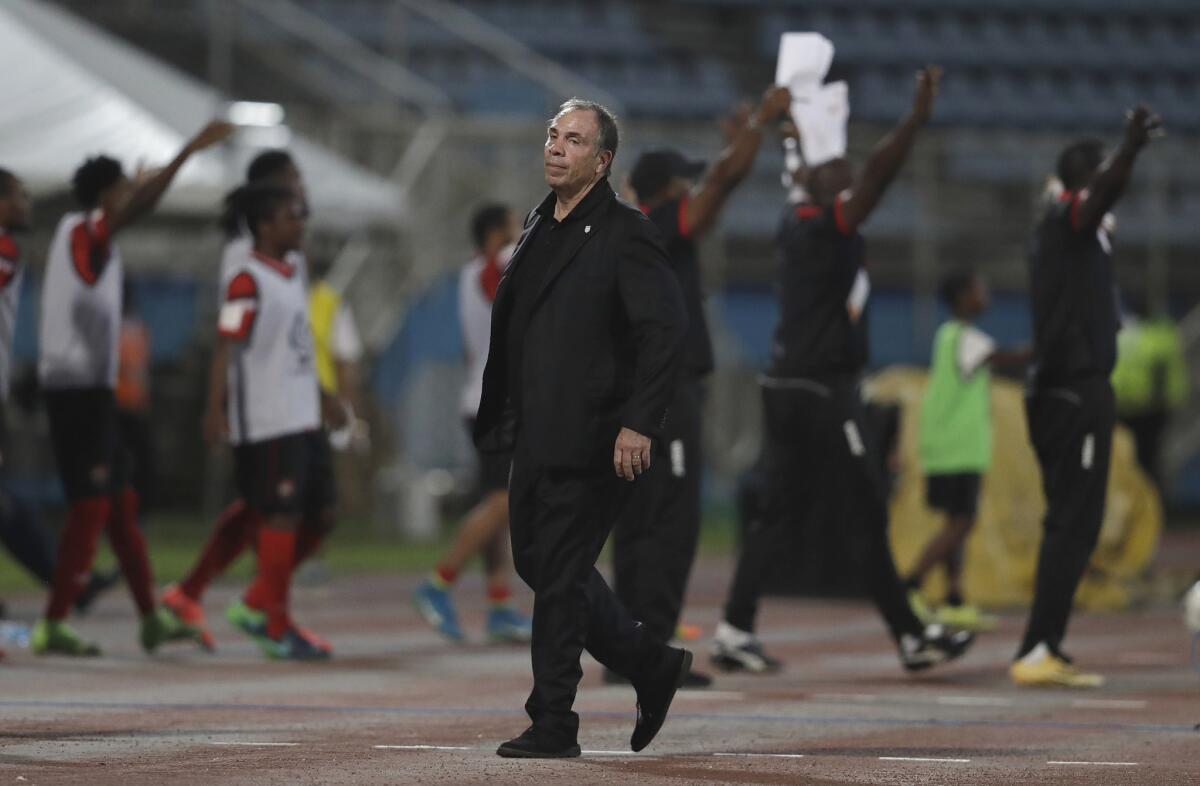 United States soccer coach Bruce Arena stands on the sideline during the World Cup qualifier match the U.S. men lost to Trinidad and Tobago on Oct. 10, 2017, eliminating them from World Cup contention.