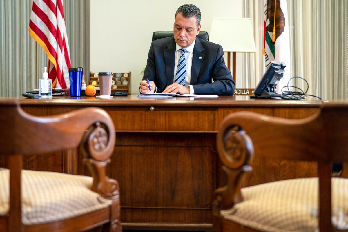 Sen. Alex Padilla in his office on Capitol Hill