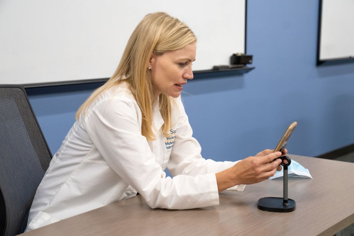 Dr. Michele Ritter of UCSD Health is relying on telemedicine and video visits to check on isolated COVID-19 patients.