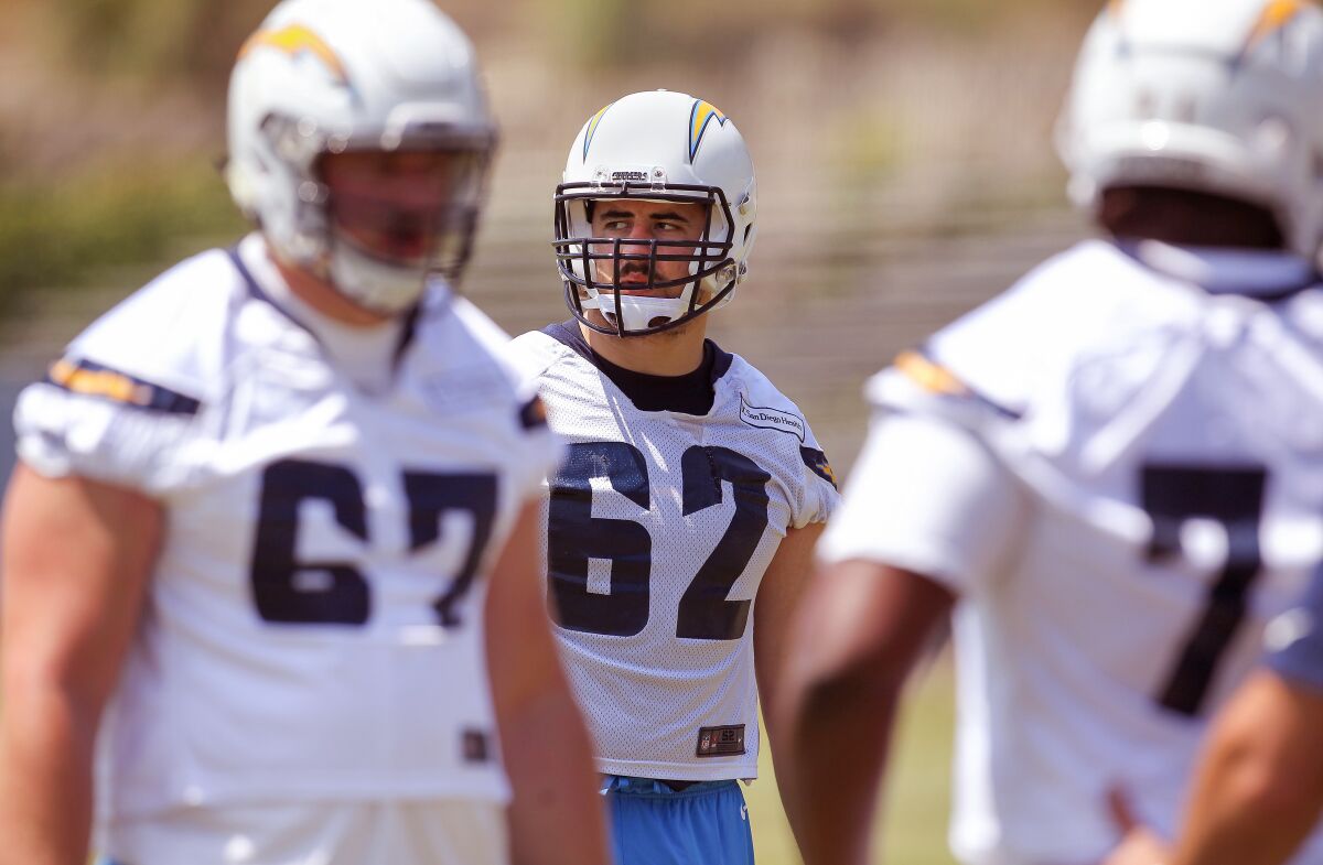 Max Tuerk (62), who was a star at Santa Margarita High and at USC before being drafted by the San Diego Chargers in 2016