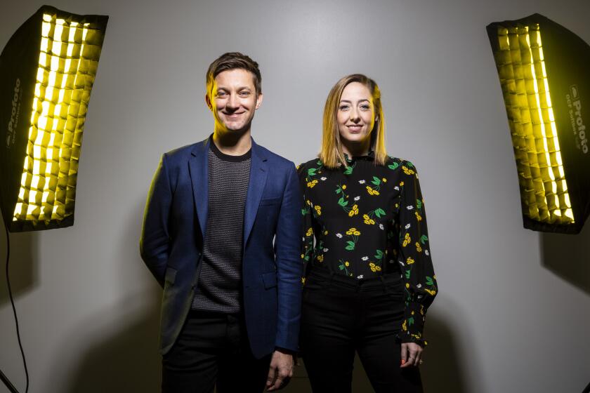 HOLLYWOOD, CALIF. - JANUARY 11: Chris Kelly and Sarah Schneider pose for a portrait at the Comedy Central offices in Hollywood, on Friday, Jan. 11, 2019 in Hollywood, Calif. The former "Saturday Night Live" head writer duo are the creators of a new Comedy Central series, "The Other Two," about the struggling adult siblings of a teenage YouTube celebrity. (Kent Nishimura / Los Angeles Times)