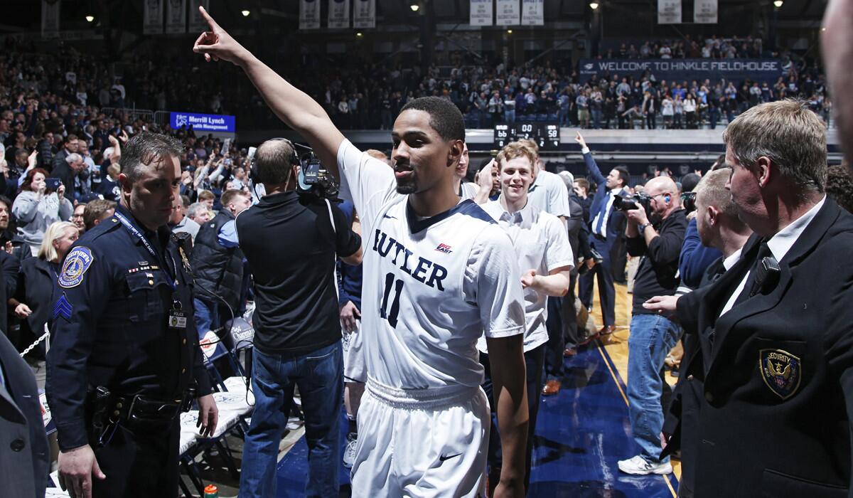 Butler's Kethan Savage (11) celebrates after the game against Villanova on Wednesday. Butler defeated the No. 1 ranked Wildcats, 66-58.