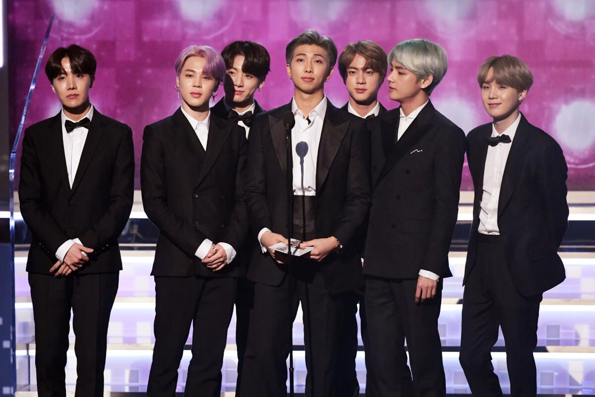 BTS onstage at the 61st Grammy Awards.