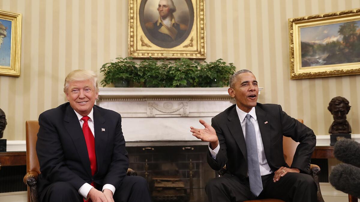 President-elect Donald Trump and President Obama share a light moment during their meeting at the White House on Thursday.