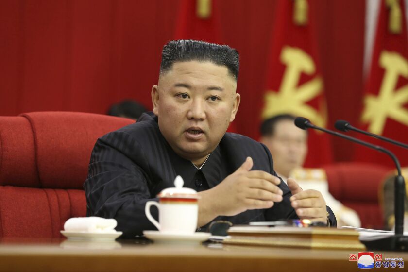 In this photo provided by the North Korean government, North Korean leader Kim Jong Un speaks during a Workers' Party meeting in Pyongyang, North Korea, Thursday, June 17, 2021. Kim ordered his government to be fully prepared for confrontation with the Biden administration, state media reported Friday, June 18, days after the United States and other major powers urged the North to abandon its nuclear program and return to talks. Independent journalists were not given access to cover the event depicted in this image distributed by the North Korean government. The content of this image is as provided and cannot be independently verified. (Korean Central News Agency/Korea News Service via AP)