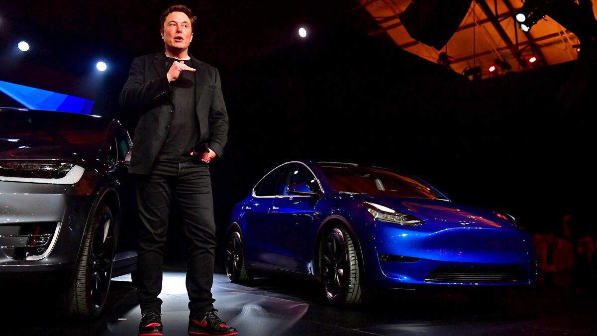 Tesla CEO Elon Musk unveils the Model Y hatchback in 2019.
