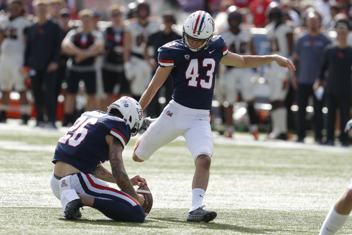 Arizona's Lucas Havrisik kicks the ball during a game against Oregon State.